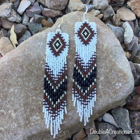 Picasso Red and Black Native Diamond Beaded Earrings with Long Fringe, H… - Picture 4 of 7